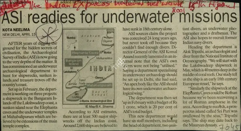 Kota Neelima (Reporter), ASI Readies for Underwater Missions, 2001, Newspaper Clipping