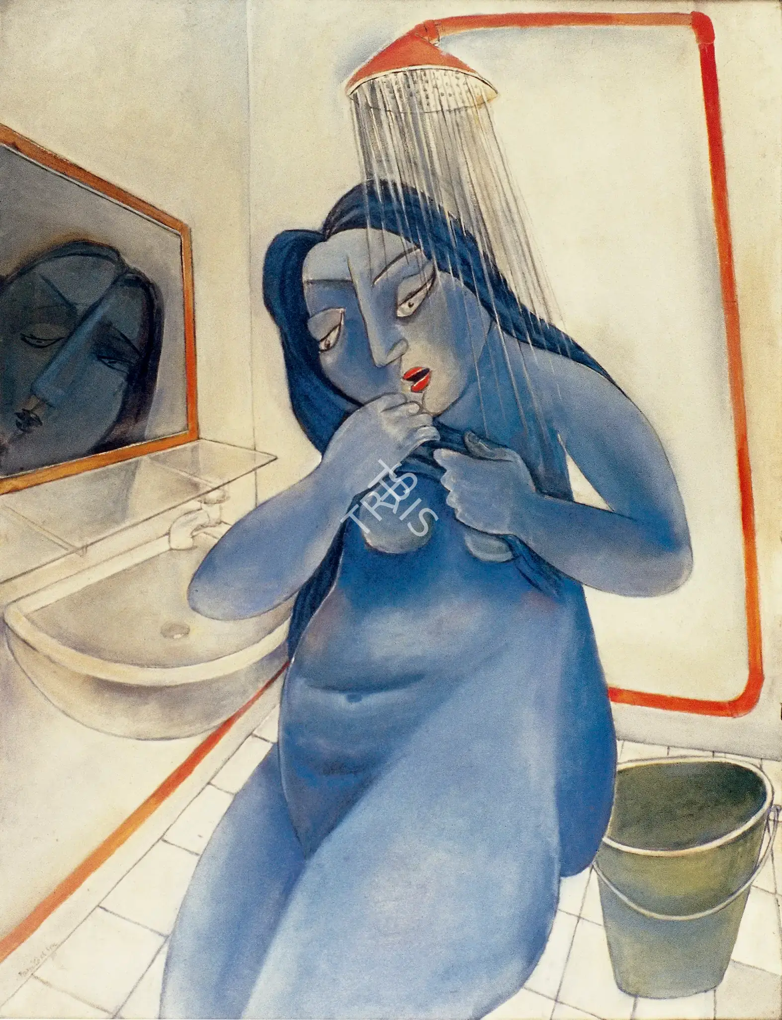 Paritosh Sen (Artist), Blue Woman under Shower, 1991, Painting