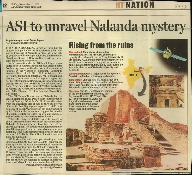 Satyen Mohapatra (Reporter), ASI to Unravel Nalanda mystery, 2006, Newspaper Clipping
