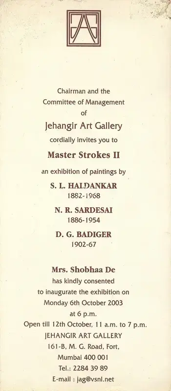 Jehangir Art Gallery (Organiser), Master Strokes II, 2003, Group Exhibition Invitation