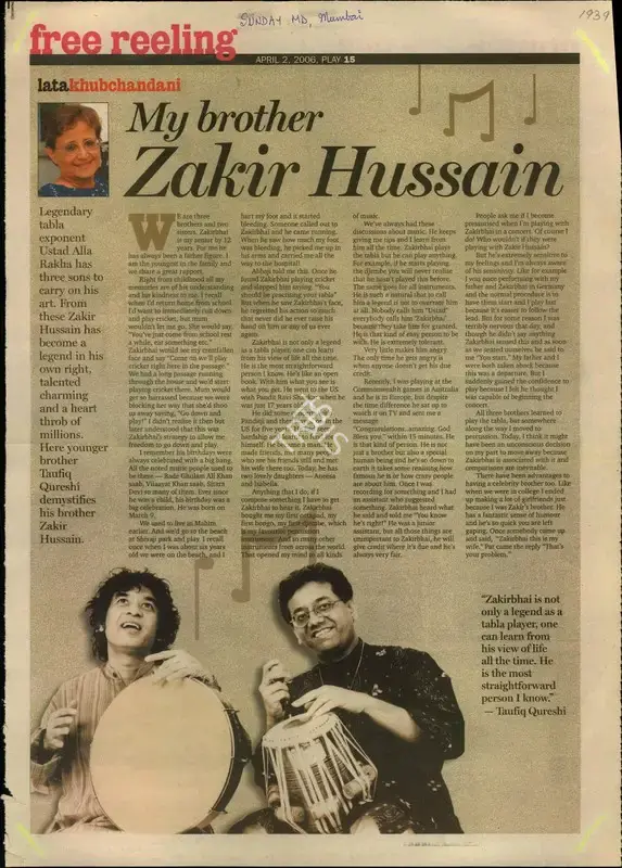 Lata Khubchandani (Reporter), My brother Zakir Hussian, 2006, Newspaper Clipping