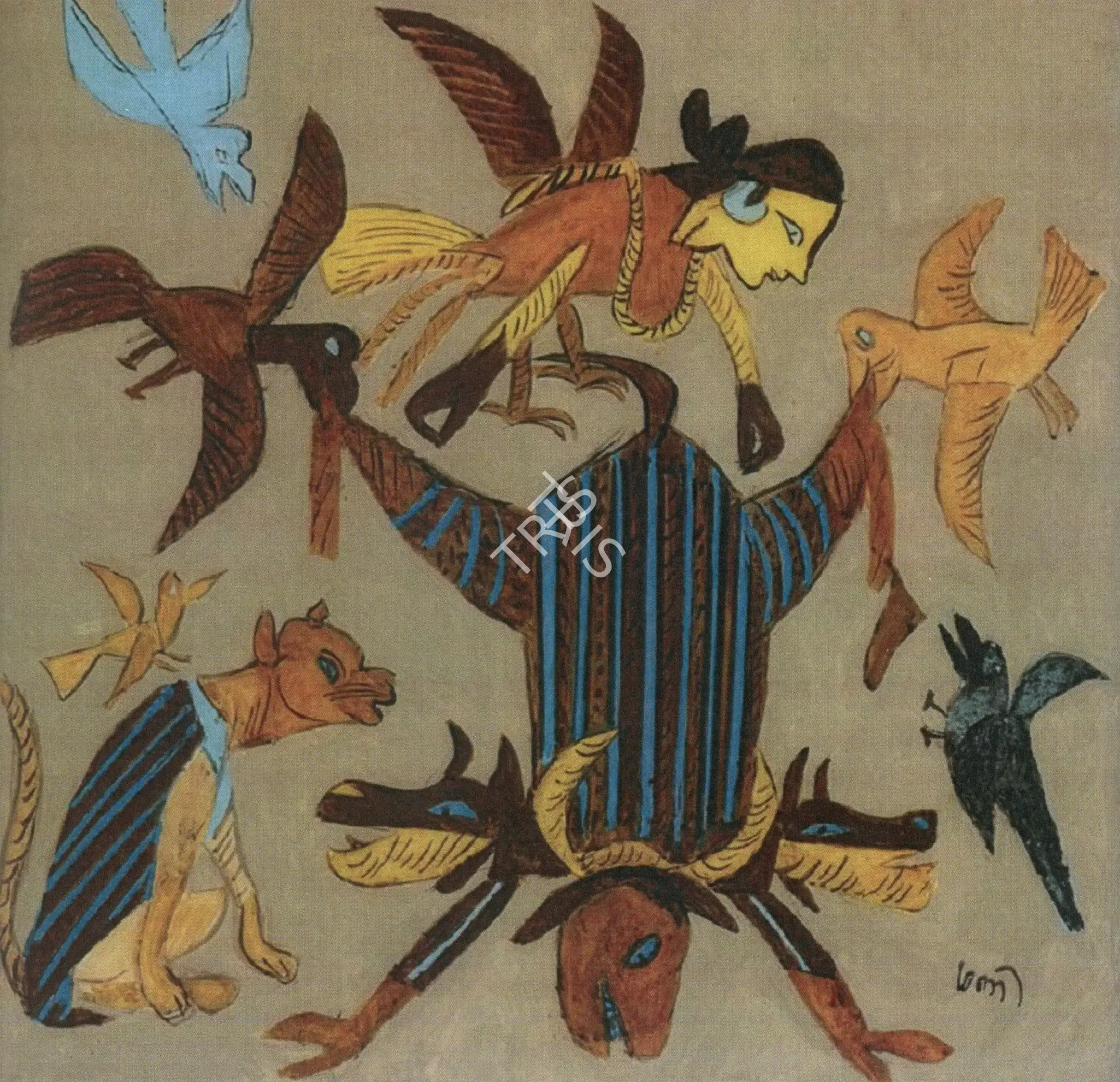 Subramanyan, K.G. (Artist). Bird Spirits and Flayed Buffalo, 2013 | Painting, Sa.Onl/20.01.21, 2021 · Saffronart