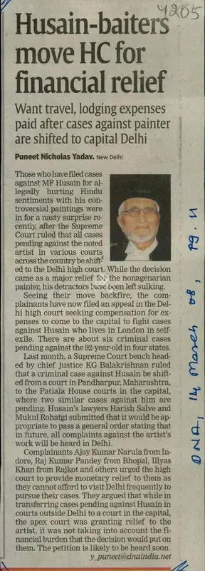 Puneet Nicholas Yadav (Reporter), Husain-baiters move HC for Financial Relief, 2008, Newspaper Clipping