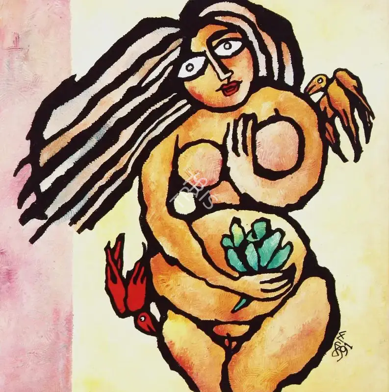 Prokash Karmakar (Artist), Woman with Birds, 1991, Painting