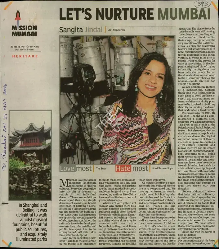 Sangita Jindal (Reporter), Let's Nuture Mumbai, 2006, Newspaper Clipping