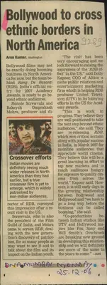 Arun Kumar (Writer), Bollywood to Cross Ethnic Borders in North America, 2006, Newspaper Clipping