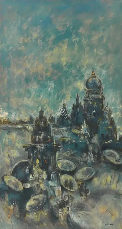 A.A. Almelkar (Artist), Untitled (Blue Beneras Ghats), 1967, Painting