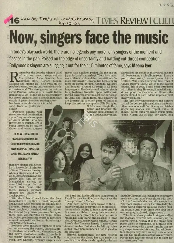 Meena Iyer (Reporter), Now, Singers Face The Music, 2005, Newspaper Clipping