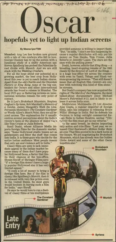 Meena lyer (Reporter), Oscar Hopefuls yet to light up Indian Screens, 2006, Newspaper Clipping