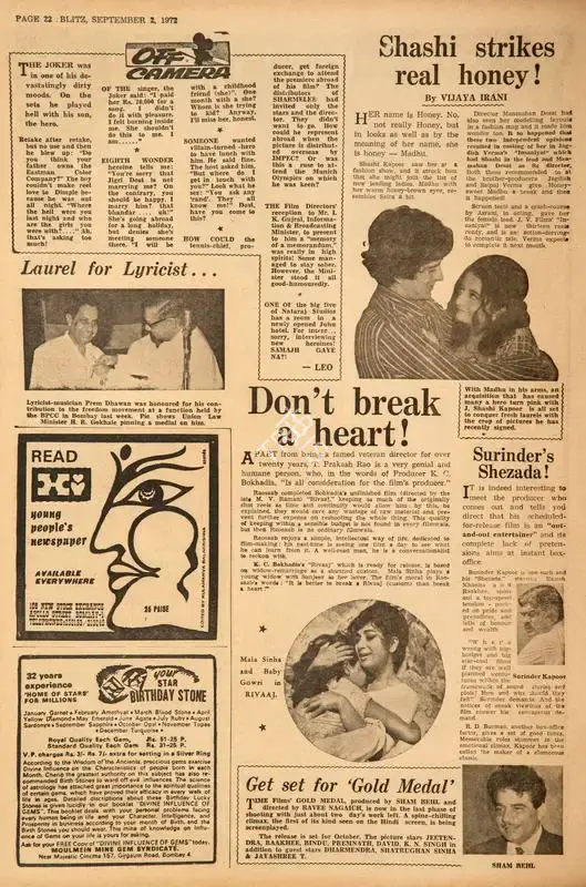 Vijaya Irani (Reviewer), Shashi Strikes Real Honey !, 1972, Film Review