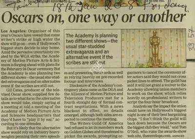 Asra Khan (Reporter), Oscars on, One or the Other, 2008, Newspaper Clipping