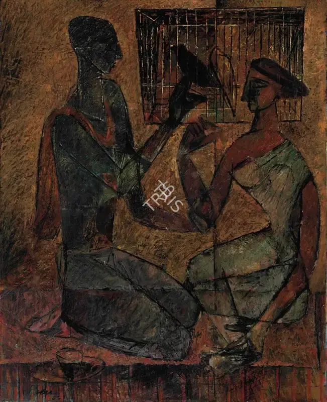 Sen, Paritosh (Artist). Untitled (Couple with Bird), 1952 | Painting, Ch.NeY/15.03.16, 2016 · Christie's