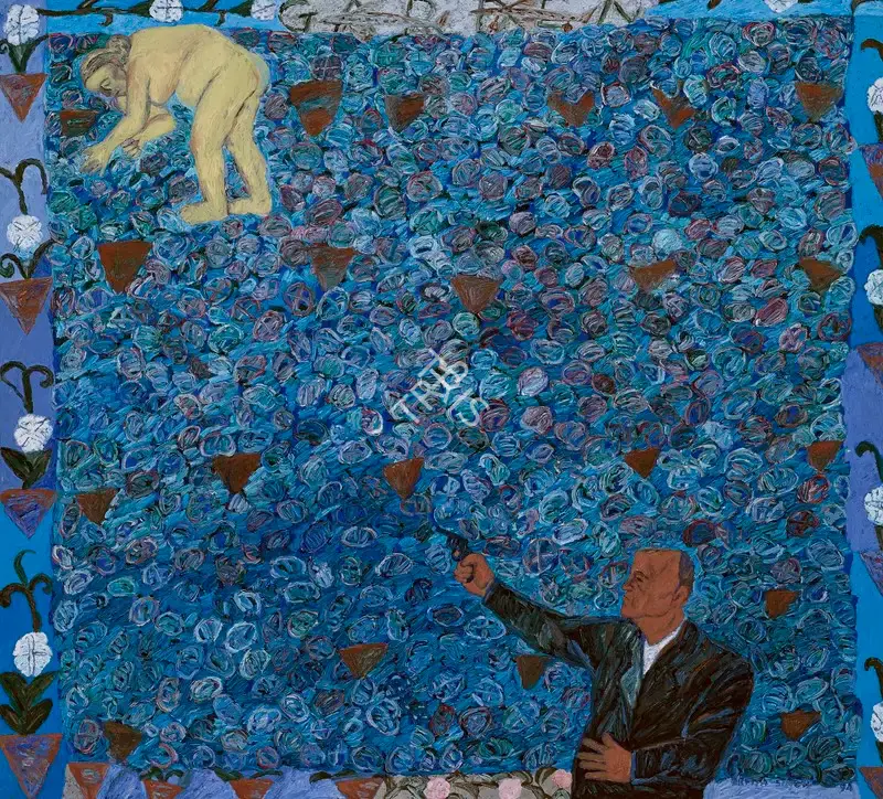 Arpita Singh (Artist), Woman Plucking Flowers, 1994, Painting