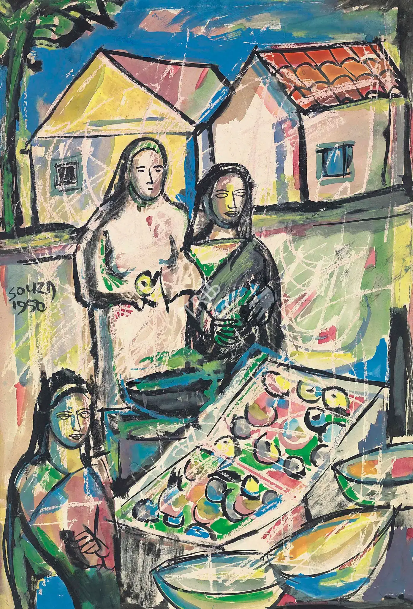 F.N. Souza (Artist), Untitled (Figures At The Market), 1950, Painting