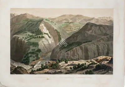 T. Picken (Lithographer), Suspension Bridge on the High Road from Kussowlie to Hurreepore - Sunrise, 1852, Lithograph