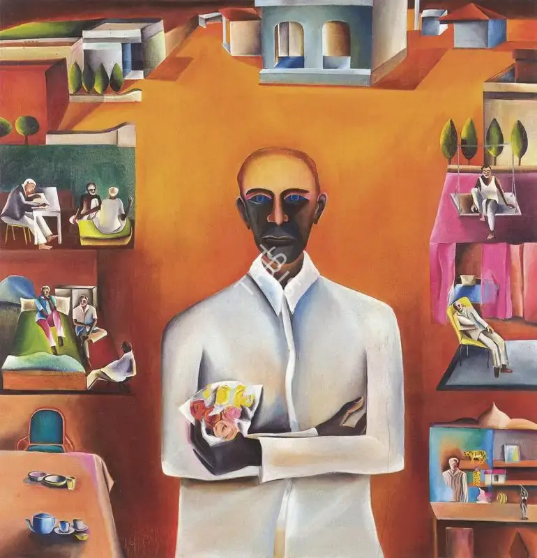 Khakhar, Bhupen P. (Artist). Man with a Bouquet of Plastic Flowers. Oil on Canvas, 1975 | Bhupen Khakhar , 1998 | Painting | FineArts | 00149721