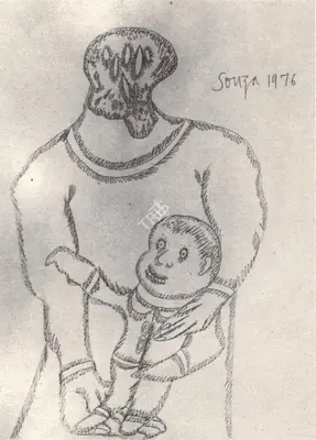 F.N. Souza (Artist), Self Portrait with Son, 1976, Drawing