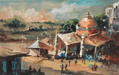 S.H. Raza (Artist), Untitled (A Temple scene), 1948, Painting