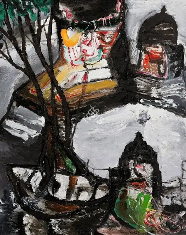 Manu Parekh (Artist), Moonlight: Boat and Temples, 1995, Painting