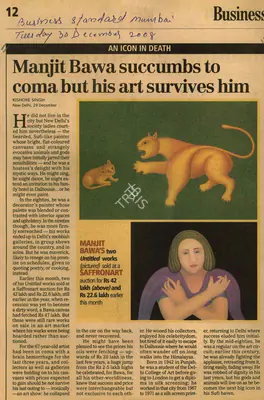 Kishore Singh (Reporter), Manjit Bawa Succumbs to Coma but his Art Survives him, 2008, Newspaper Clipping