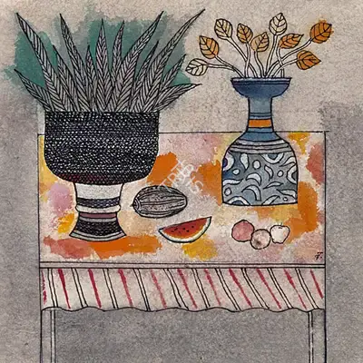 Badri Narayan (Artist), Things on the Table, 1999, Painting
