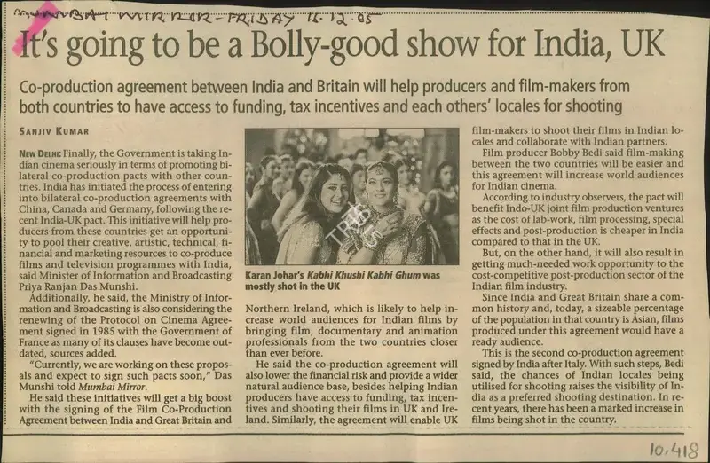 Sanjiv Kumar (Reporter), It's going to be a Bolly-good show for India, UK, 2005, Newspaper Clipping