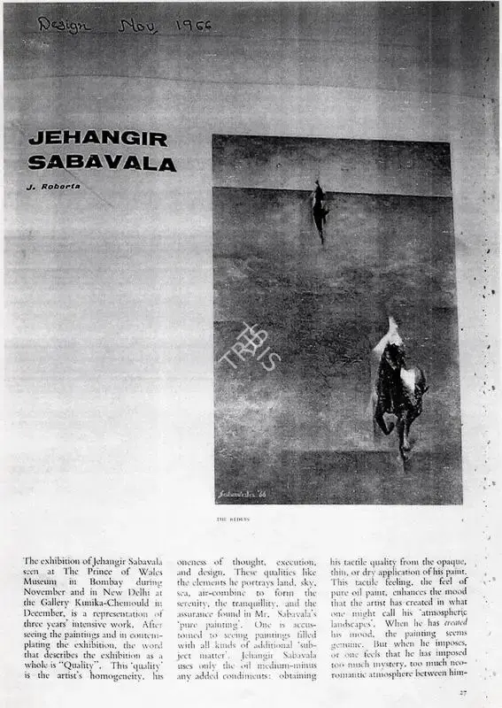 J Roberta (Writer), Jehangir Sabavala, 1966, Newspaper Clipping