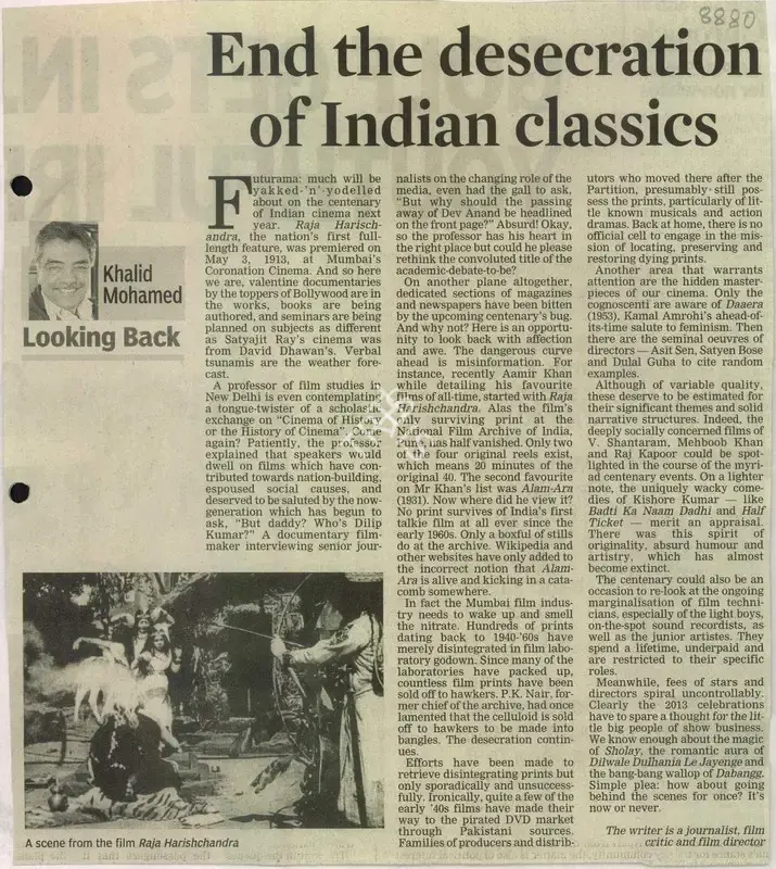 Khalid Mohamed (Writer), End the Desecration of Indian Classics, 2012, Newspaper Clipping