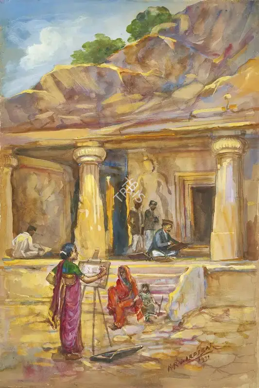 N.R. Sardesai (Artist), M.V. Dhurandhar and his Daughter Ambika at Gharapuri Caves (Elephanta Caves), 1931, Painting