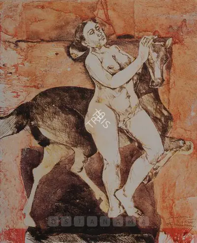 Jamil Naqsh (Artist), Female Nude With Horse, 1982, Painting