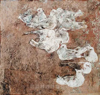Jamil Naqsh (Artist), Pigeons, 1965, Painting