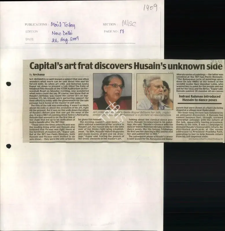 Archana Khare (Reporter), Capital's Art Frat Discovers Husain's Unknown Side, 2009, Newspaper Clipping