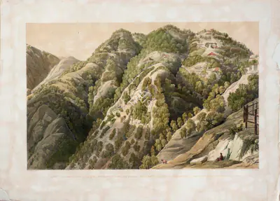 T. Picken (Lithographer), Simla, the North face of Jukko, the Bank in 1850, the Craigs (Sir Henry Elliott's Residence), Capt. Mavow's House etc,- Sunrise, 1852, Lithograph