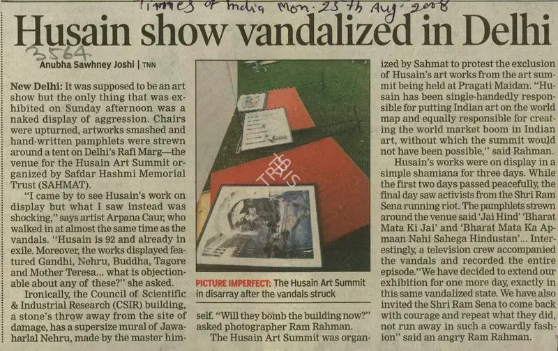 Anubha Sawhney Joshi (Reporter), Husain Show Vandalized in Delhi, 2008, Newspaper Clipping