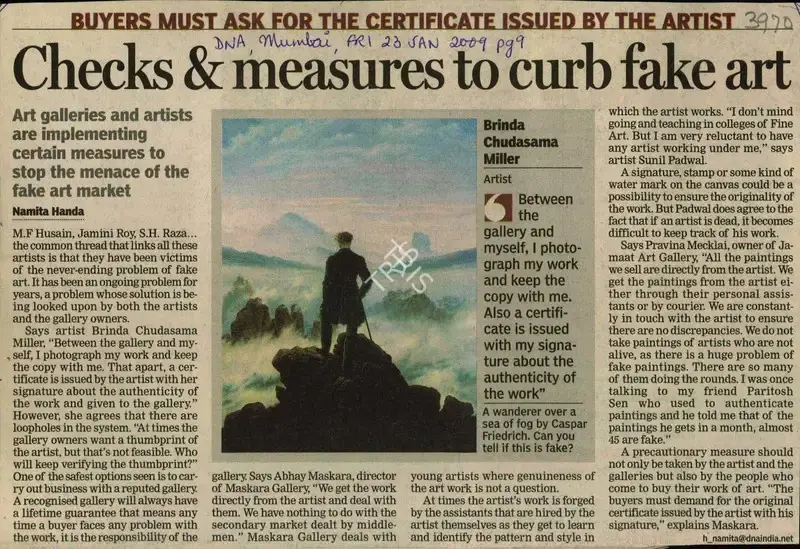 Namita Handa (Reporter), Checks & Measures to Curb Fake Art, 2009, Newspaper Clipping