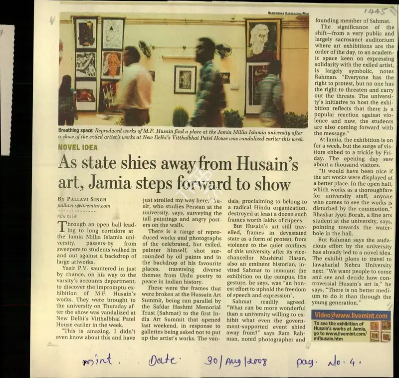 Pallavi Singh (Reporter), As State Shines Away from Hussain's Art, Jamia Steps Forward to show, 2008, Newspaper Clipping