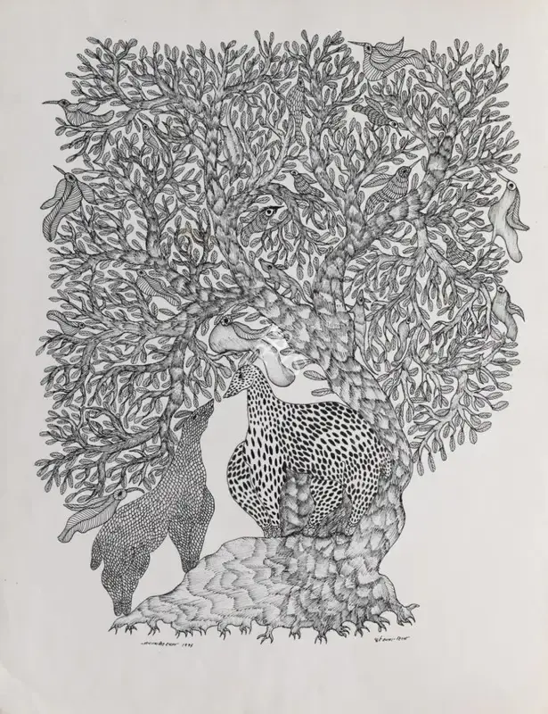 Jangarh Singh Shyam (Artist), Ghui Jhaad Hiran (Drooping Fig Tree, Deer) (Gond Art), 1995, Drawing & Sketch