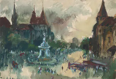 H.A. Gade (Artist), Flora Fountain, Bombay, 1945, Painting