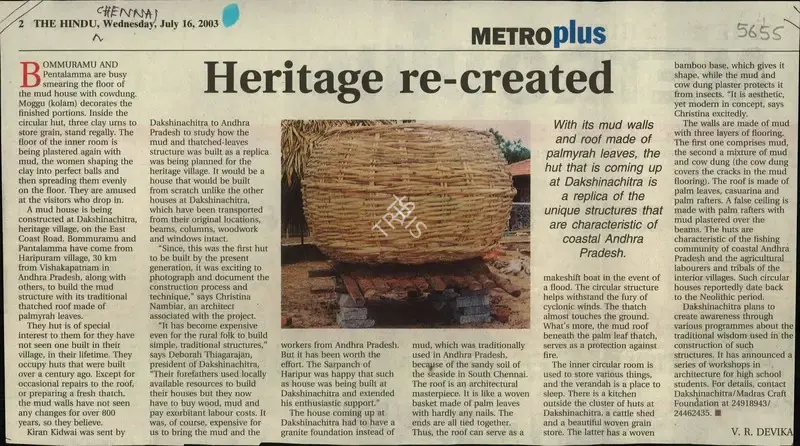 V.R. Devika (Writer), Heritage Re-Created, 2003, Newspaper Clipping