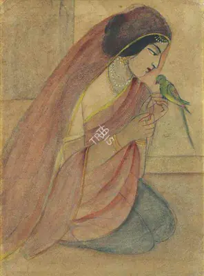 Sunayani Devi (Artist), Untitled (Lady with Parrot), 1925, Painting