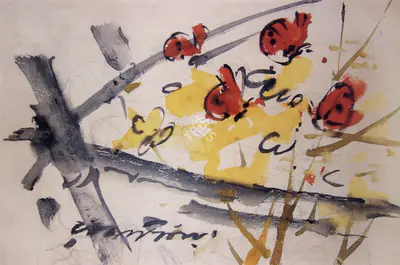 Ramkinkar Baij (Artist), Bamboo, Blossom and Butterflies, 1942, Painting