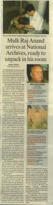 Seema Chishti (Writer), Mulk Raj Anand Arrives At National Archives, Ready to Unpack in His Room, 2012, Newspaper Clipping