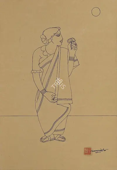 Lalu Prasad Shaw (Artist), Woman with Flower, 2010, Drawing