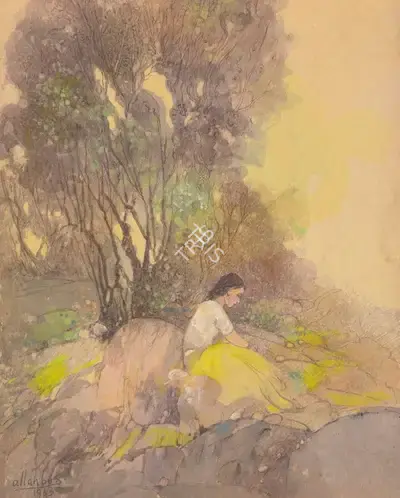Ustad Allah Bukhsh (Artist), Untitled (Lady In The Forest), 1963, Drawing