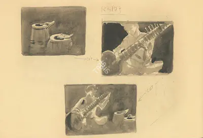 Satyajit Ray (Artist), Storyboard for the film Ray intended to make on Sitar Maestro Ravi Shankar, 1951, Drawing
