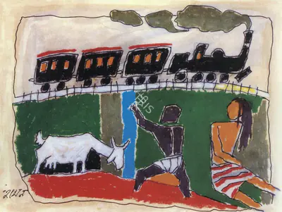 Husain, M. F. (Artist). Appu and the Train (Pather Panchali). Oil Crayon on paper, n.d. | Maqbool Fida Husain, 2008 | Drawing | FineArts | 00495205