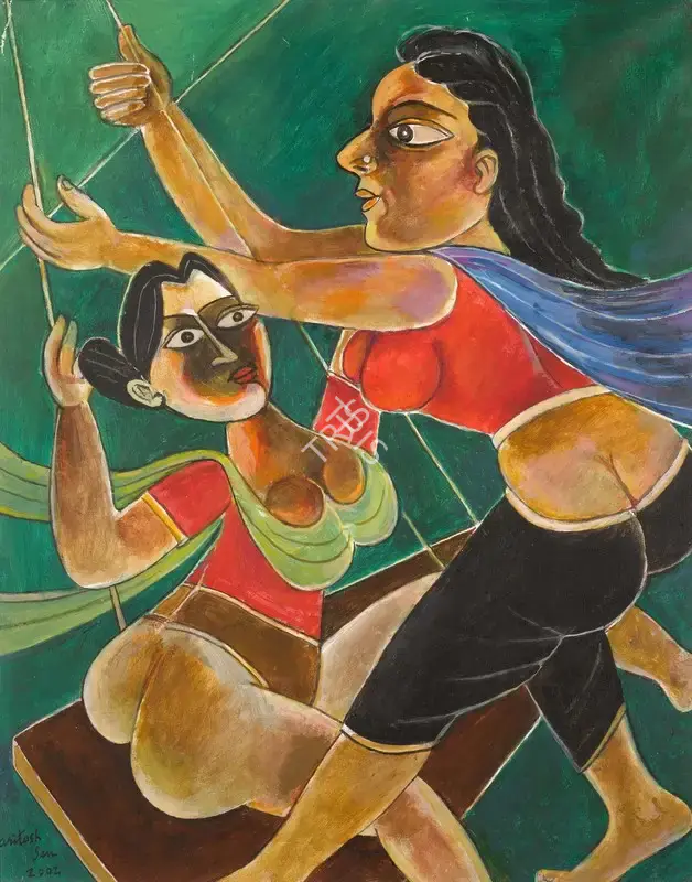 Paritosh Sen (Artist), Girls on a swing, 2002, Painting