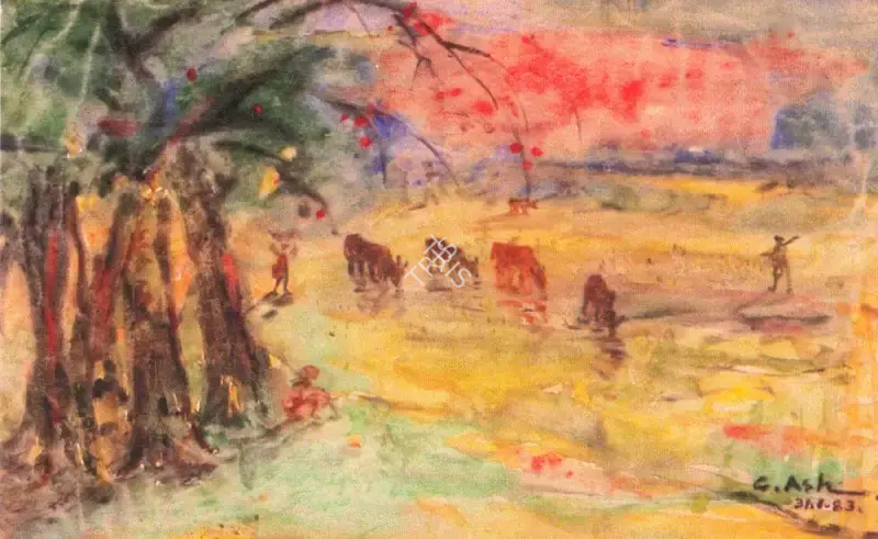 Gobardhan Ash (Artist), Cow Herd, 1983, Painting