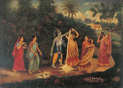 Attributed to P. Haldar (Artist), Krishna, Radha and Gopinis, 1919, Painting