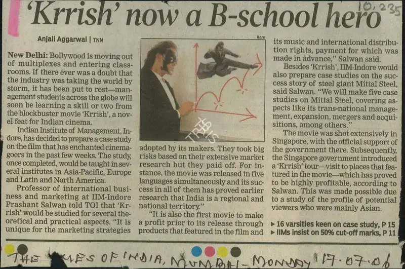 Anjali Aggarwal (Reporter), Krrish'now a B-School Hero, 2006, Newspaper Clipping